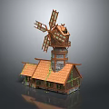 Cartoon Windmill Cottage Scene With Orange Roof Green Vines And Stone Base
