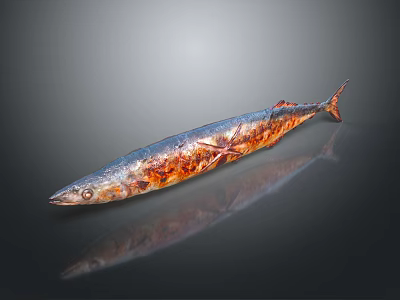 Fresh Grilled Fish With Crispy Brown Skin On Reflective Dark Surface 3d model