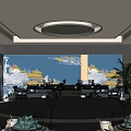 Luxurious Private Dining Room With Large Round Table Circular Ceiling Lights And Blue Yellow Wall Design 3d model