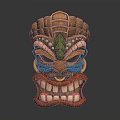 Tiki Mask Inspired Hat With Feather Accents And Colorful Carved Details