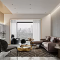Modern Living Dining Room Interior With Gray Wall Brown Sofa And Round Coffee Table