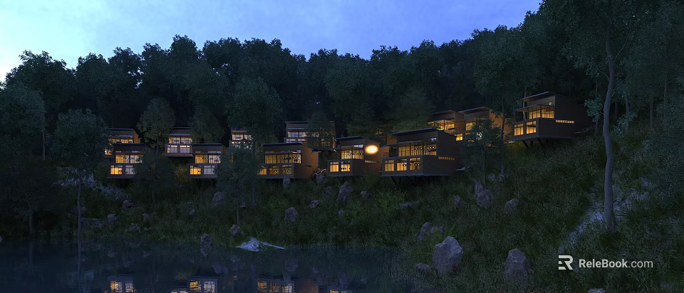 Elegant Detached Villa In Natural Wooded Surroundings With Illuminated Exteriors And Waterfront Reflection At Night 3d model 