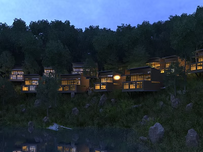 Elegant Detached Villa In Natural Wooded Surroundings With Illuminated Exteriors And Waterfront Reflection At Night 3d model