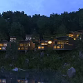 Elegant Detached Villa In Natural Wooded Surroundings With Illuminated Exteriors And Waterfront Reflection At Night