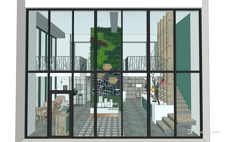 Modern Cafe Interior With Glass Walls Living Plant Wall Bookshelves And Staircase 3d model 