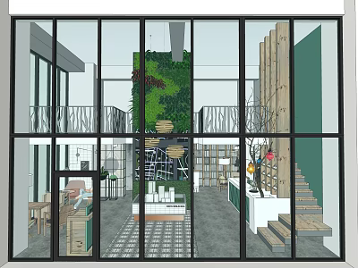 Modern Cafe Interior With Glass Walls Living Plant Wall Bookshelves And Staircase 3d model