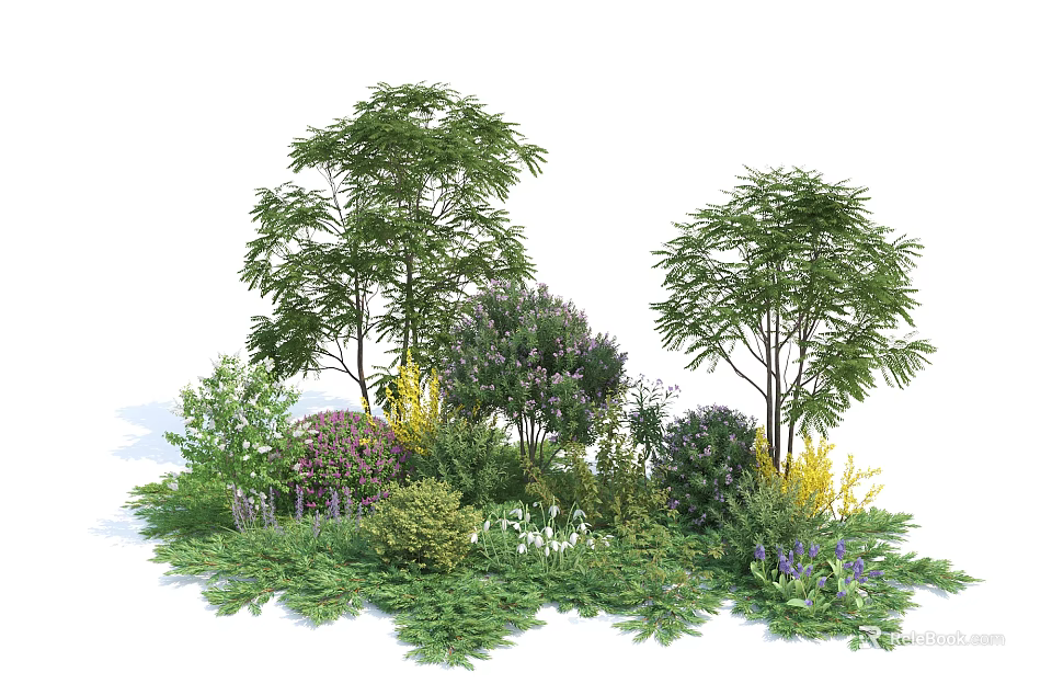 Garden Shrubs with Various Green Foliage and Colorful Flowers for Landscaping Design 3d model 