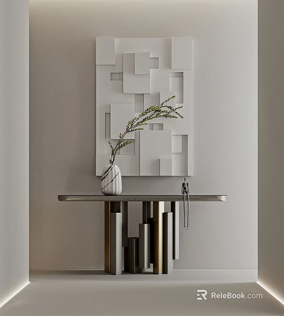 Modern Console Table With Metal Top White Square Decorative Wall And Green Plant Vase 3d model 
