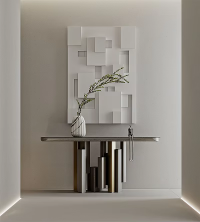 Modern Console Table With Metal Top White Square Decorative Wall And Green Plant Vase 3d model