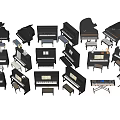 Assorted Musical Instruments and Art Supplies Featuring Various Pianos Grand Upright and Electronic Keyboards