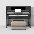 Classic Black Upright Piano with Open Music Sheet and Beige Piano Stool