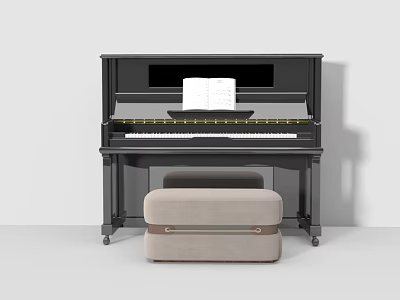 Classic Black Upright Piano with Open Music Sheet and Beige Piano Stool 3d model
