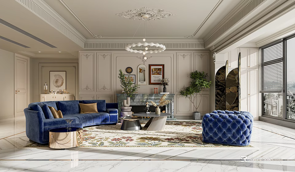 Elegant Living Room Interior With Blue Sofa Fireplace Ornate Chandelier And Decorative Rug 3d model 