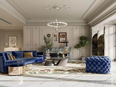 Elegant Living Room Interior With Blue Sofa Fireplace Ornate Chandelier And Decorative Rug 3d model