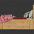 Wooden Double Bed with Bookshelf Headboard Red Patterned Quilt and Gray Pillows