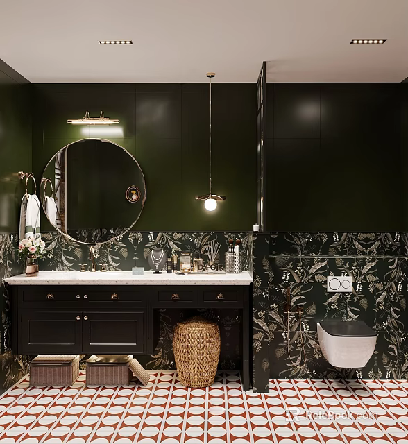 Elegant Dark Green Bathroom Interior With Round Mirror Double Vanity And Plant Patterned Tiles 3d model 