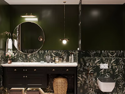 Elegant Dark Green Bathroom Interior With Round Mirror Double Vanity And Plant Patterned Tiles 3d model