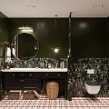 Elegant Dark Green Bathroom Interior With Round Mirror Double Vanity And Plant Patterned Tiles