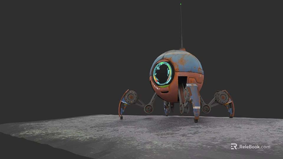 Rusty Mechanical Creature With Large Green Eye And Mechanical Legs On Gray Surface 3d model 