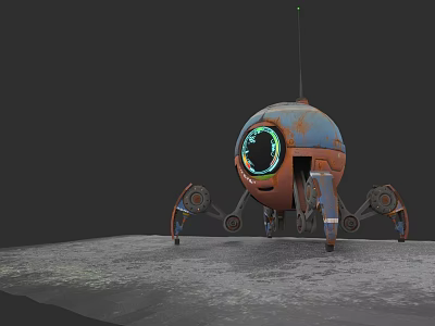 Rusty Mechanical Creature With Large Green Eye And Mechanical Legs On Gray Surface 3d model