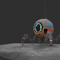Rusty Mechanical Creature With Large Green Eye And Mechanical Legs On Gray Surface