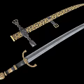 Antique Sword With Intricate Gold Patterned Scabbard And Ornate Metal Hilt Design
