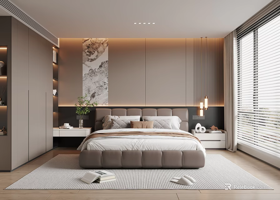 Modern Bedroom Interior Design With Bed Headboard Decorative Painting Nightstands Window Blinds And Area Rug 3d model 