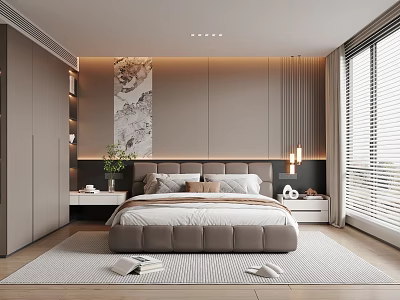 Modern Bedroom Interior Design With Bed Headboard Decorative Painting Nightstands Window Blinds And Area Rug 3d model