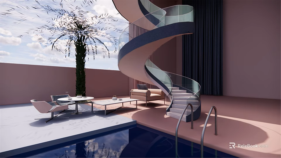 Modern Outdoor Lounge Space With Spiral Staircase Glass Railing And Swimming Pool 3d model 