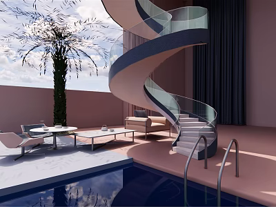 Modern Outdoor Lounge Space With Spiral Staircase Glass Railing And Swimming Pool 3d model