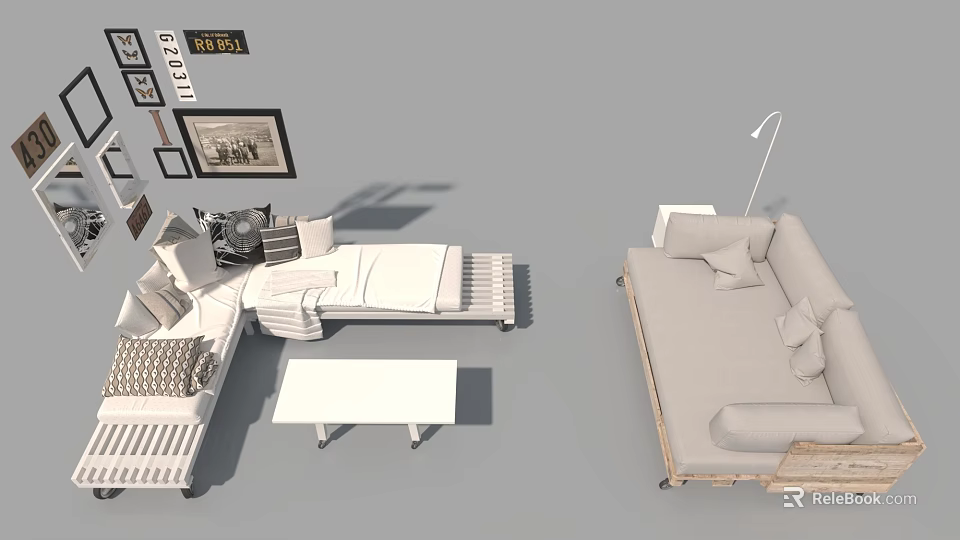 Modern Sofa Coffee Table Combination With Decorative Paintings Floor Lamp And Throw Pillows 3d model 