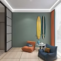 Modern Apartment Interior With Green Wall Study Desk Yellow Chairs And Dining Table