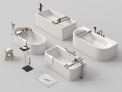 Modern White Bathtubs Interior Design With Various Shapes Wooden Tray And Black Faucet 3d model