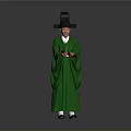 Man in Traditional Green Robe Wearing Black Tall Hat Holding Object Against Gray Background