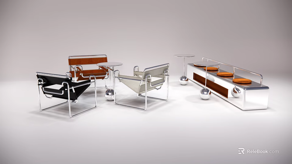 Modern Table And Chair Set With Sleek Metallic Frame And Leather Seats 3d model 