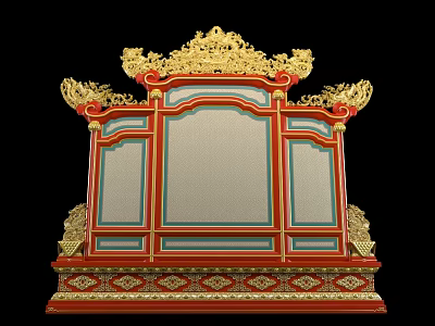 Traditional Chinese Carved Screen With Golden Dragon Red Blue Frame And Decorative Base 3d model