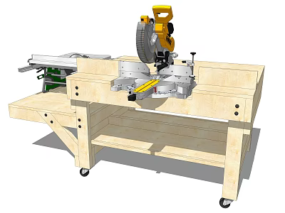 Heavy Duty Industrial Miter Saw With Mobile Wooden Workbench For Woodworking Tasks 3d model