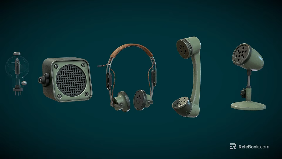 Vintage Communication Devices Collection With Retro Headphones Old Telephone And Speaker 3d model 