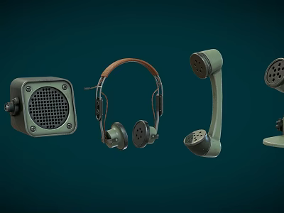 Vintage Communication Devices Collection With Retro Headphones Old Telephone And Speaker 3d model