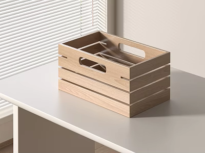 Slatted Wooden Storage Basket With Handles For Home Organization On White Table 3d model