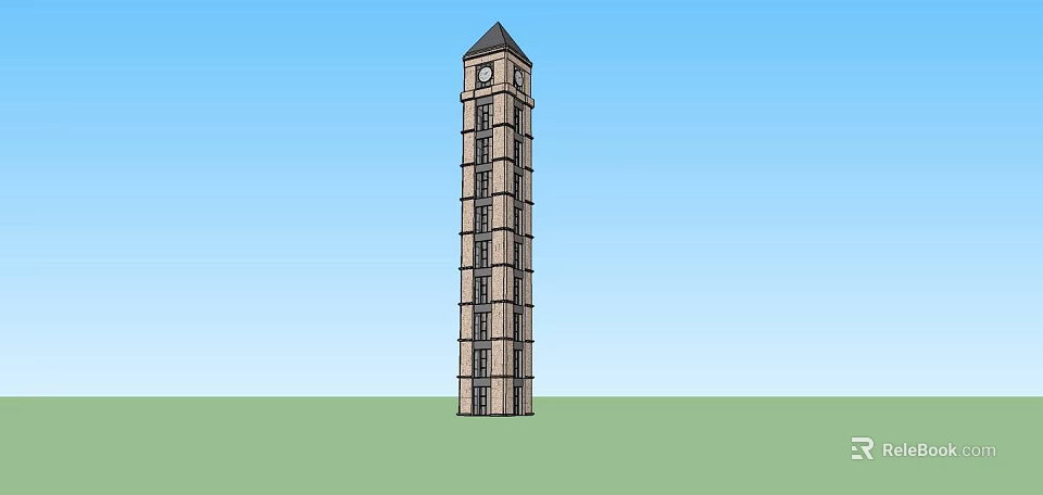 Tall Clock Tower Brick Structure With Multiple Windows Against Blue Sky And Green Grass 3d model
