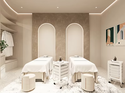 Modern SPA Sauna Interior With Two White Massage Beds Beige Walls And Arched Design 3d model