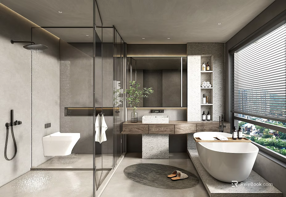 Modern Bathroom Interior Design With Glass Shower Enclosure Freestanding Bathtub Marble Countertop And Large Mirror 3d model 