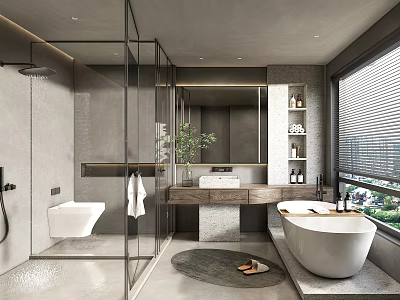 Modern Bathroom Interior Design With Glass Shower Enclosure Freestanding Bathtub Marble Countertop And Large Mirror 3d model