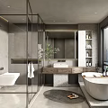 Modern Bathroom Interior Design With Glass Shower Enclosure Freestanding Bathtub Marble Countertop And Large Mirror