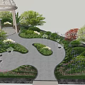 Rockery Stones In Outdoor Garden Landscape With Lush Green Plants And Gazebo