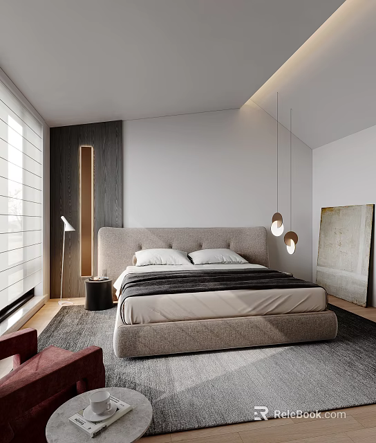 Modern Bedroom Interior Design With Large Bed Wooden Headboard Pendant Lights And Window Blinds 3d model 
