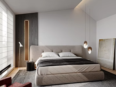 Modern Bedroom Interior Design With Large Bed Wooden Headboard Pendant Lights And Window Blinds 3d model