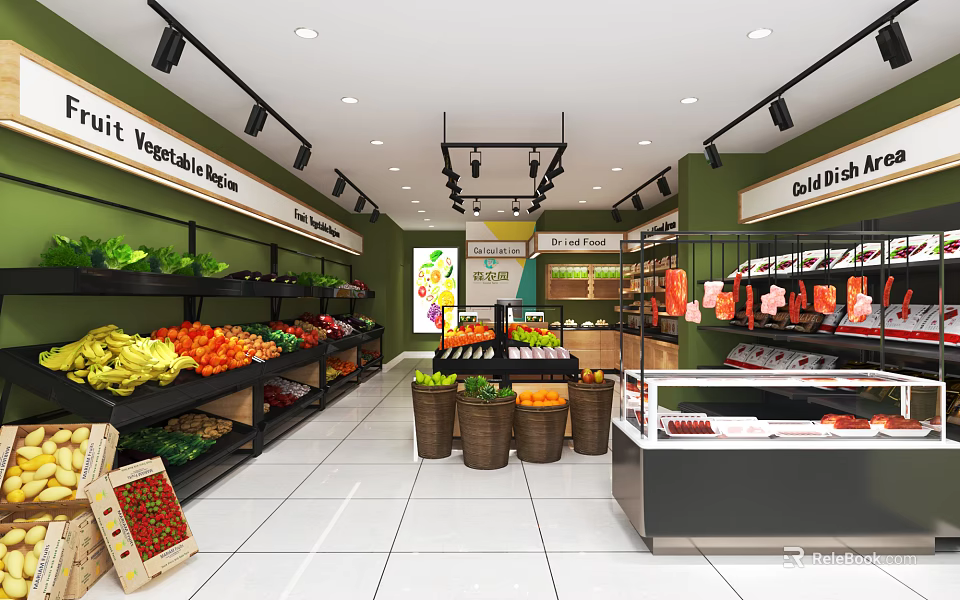Supermarket Grocery Store with Fresh Vegetable Fruit Section Salad Bar and Shelves Displaying Products 3d model 