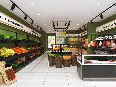Supermarket Grocery Store with Fresh Vegetable Fruit Section Salad Bar and Shelves Displaying Products 3d model